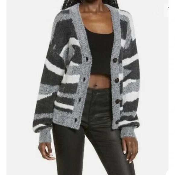 Leith Zebra  Women Jacquard V-Neck Button Up Cardigan Sweater Black/Gray Sml NWT - Picture 1 of 5